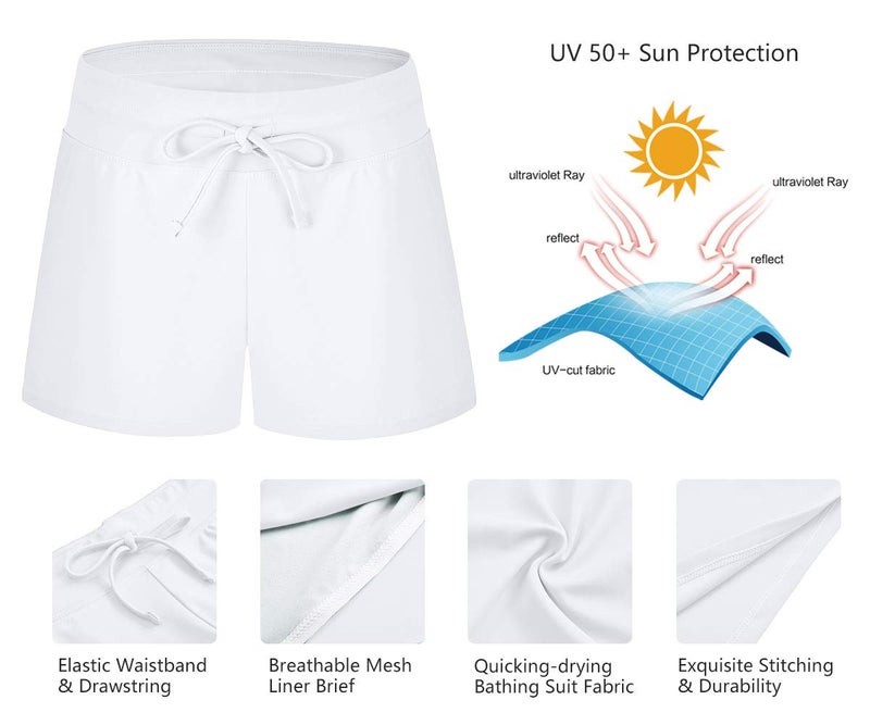 ChinFun Board Shorts Women's Swimswear Tankini Swim Briefs Side Split Swimsuit Bottom Waistband Stretch Boardshorts Beach Trunks Inner Lining White Size M - Image 5